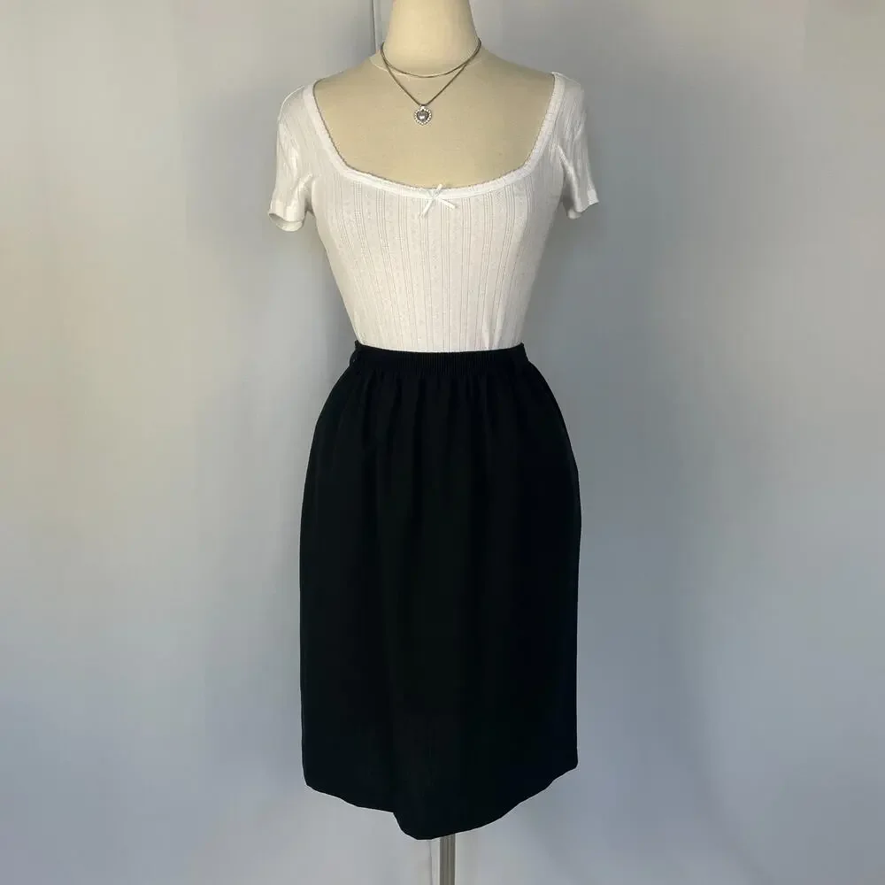 Vintage Midi Skirt Size 14 Black Solid Minimal Career Office Dark Academia 90s